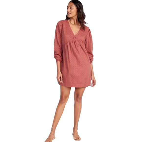 Old Navy Clip Dot  Mini Swing Dress XS A Little Rusty Color Pockets Long Sleeve - Picture 1 of 10
